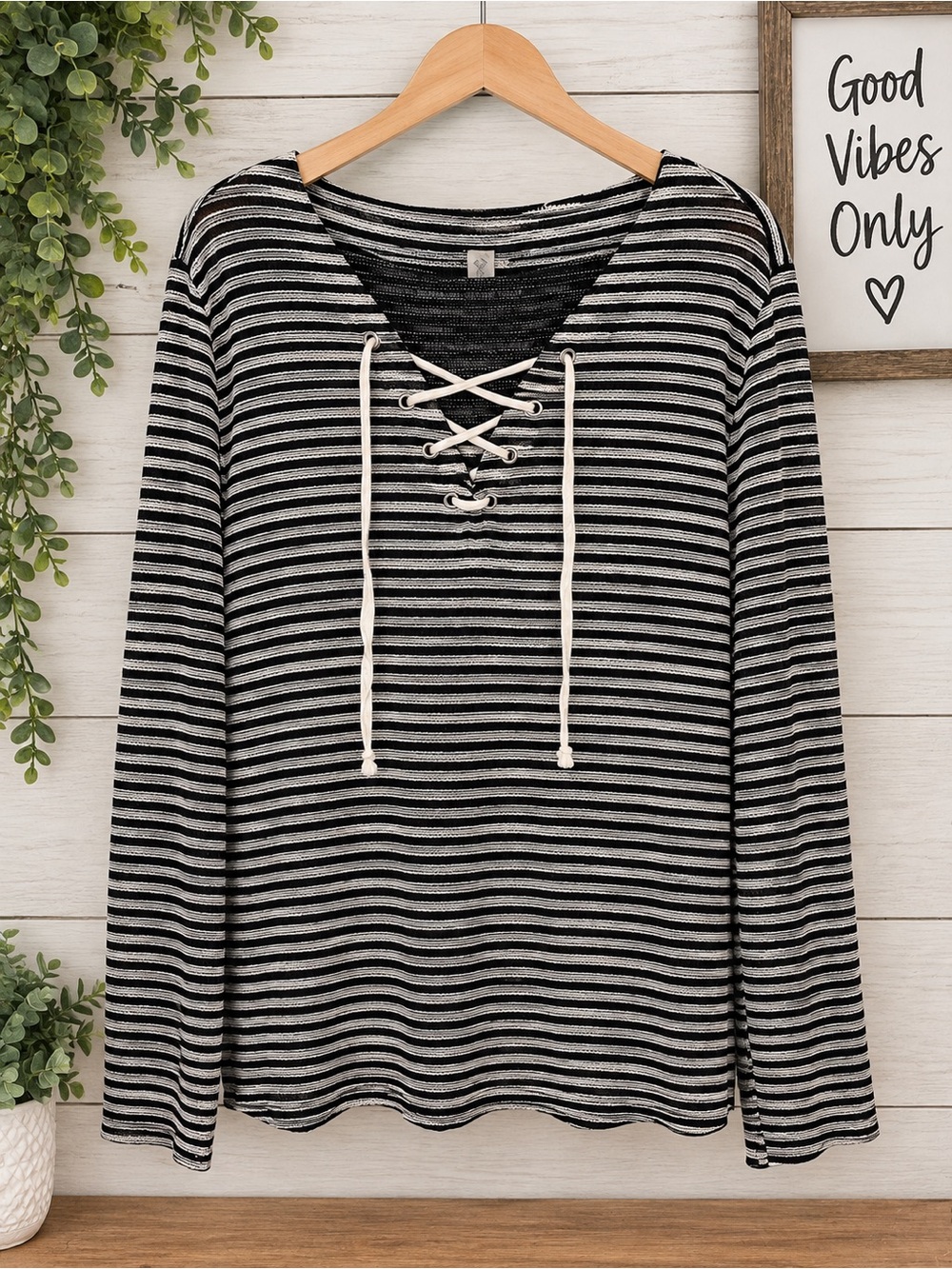 St. John's Bay Black & Gray Striped Lace-Up V-Neck Long Sleeve Top